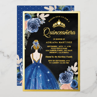 Royal Blue Floral Dress Black Quinceanera Gold Folieneinladung