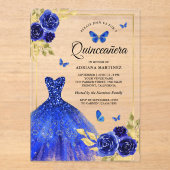 Royal Blue Floral Dress Butterfly Gold Quinceanera Acryleinladungen (Vorderseite)