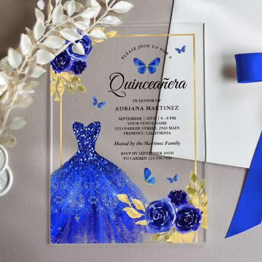Royal Blue Floral Dress Butterfly Gold Quinceanera Acryleinladungen