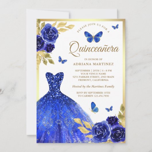 Royal Blue Floral Dress Butterfly Gold Quinceanera Einladung (Vorderseite)