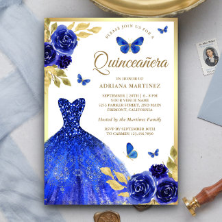 Royal Blue Floral Dress Butterfly Gold Quinceanera Einladung