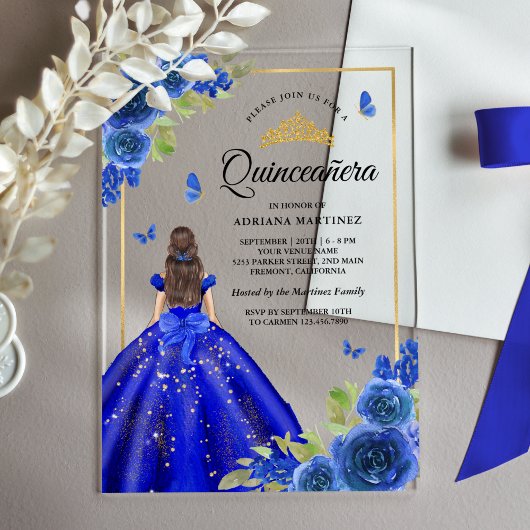 Royal Blue Floral Dress Butterfly Quinceanera Acryleinladungen