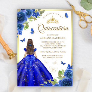 Royal Blue Floral Dress Butterfly Quinceanera Einladung