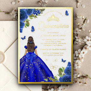 Royal Blue Floral Dress Butterfly Quinceanera Gold Folieneinladung