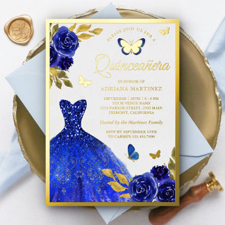 Royal Blue Floral Dress Butterfly Quinceanera Gold Folieneinladung