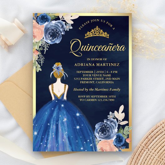 Royal Blue Floral Dress Navy Gold Quinceanera Einladung