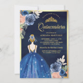 Royal Blue Floral Dress Navy Gold Quinceanera Einladung (Vorderseite)