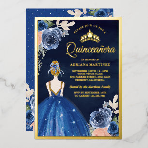 Royal Blue Floral Dress Navy Quinceanera Gold Folieneinladung