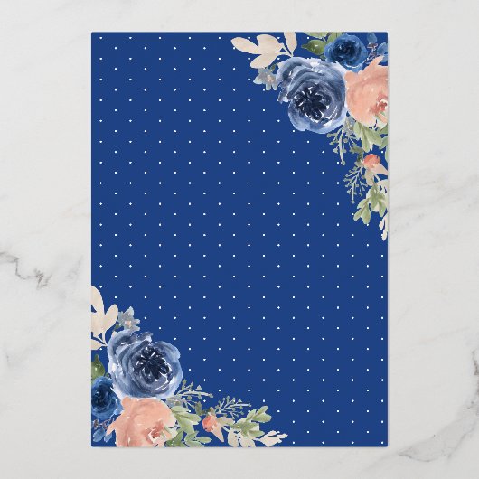 Royal Blue Floral Dress Navy Quinceanera Gold Folieneinladung (Rückseite)