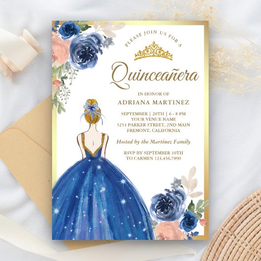 Royal Blue Floral Dress Princess Gold Quinceanera Einladung