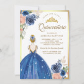 Royal Blue Floral Dress Princess Gold Quinceanera Einladung (Vorderseite)