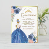 Royal Blue Floral Dress Princess Gold Quinceanera Einladung (Stehend Vorderseite)