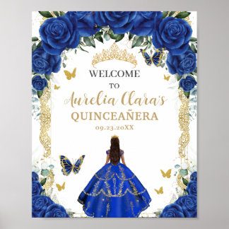 Royal Blue Floral Dress Quinceañera Vintag Gold Poster