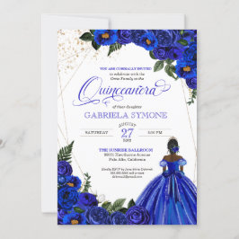 Royal Blue Floral Elegante Afrolatina Quinceanera  Einladung