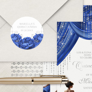 Royal Blue Floral Elegante Quinceanera Runder Aufkleber