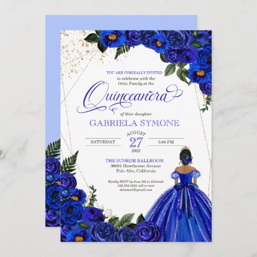 Royal Blue Floral Elegantes Kleid Gown Quinceanera Einladung (Vorne/Hinten)
