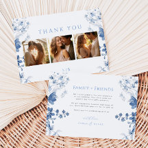 Royal Blue Floral Foto Hochzeit Danke-Card
