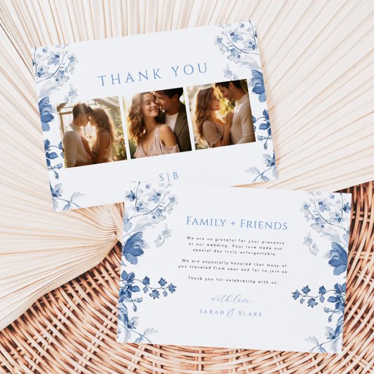Royal Blue Floral Foto Hochzeit Danke-Card Dankeskarte