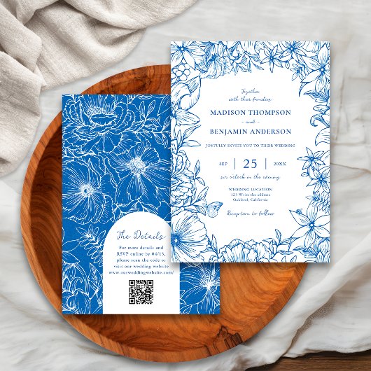 Royal Blue Floral Garden Arch RSVP QR Code Wedding Einladung