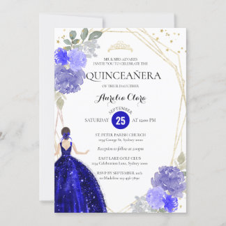 Royal Blue Floral Geometric Foto Quinceañera Einladung