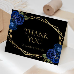 Royal Blue Floral Gold Geometric Black Wedding Dankeskarte