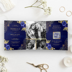 Royal Blue Floral Gold Lace QR Code Wedding Dreifach Gefaltete Einladung