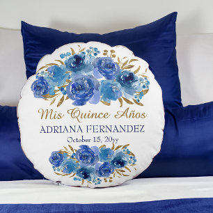 Royal Blue Floral Gold Leaf Quinceanera Keepake Rundes Kissen