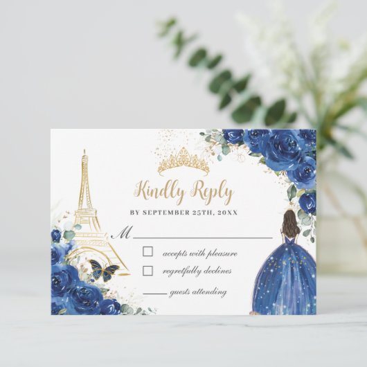Royal Blue Floral Gold Paris Princess Quinceañera RSVP Karte (Stehend Vorderseite)