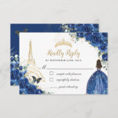 Royal Blue Floral Gold Paris Princess Quinceañera RSVP Karte (Vorne/Hinten)