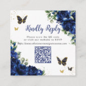 Royal Blue Floral Gold Quinceanera 16 QR Code RSVP Begleitkarte (Vorderseite)