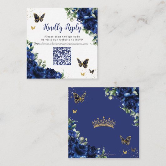 Royal Blue Floral Gold Quinceanera 16 QR Code RSVP Begleitkarte (Vorne/Hinten)