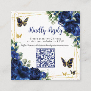 Royal Blue Floral Gold Quinceañera 16 QR Code UAWG Begleitkarte