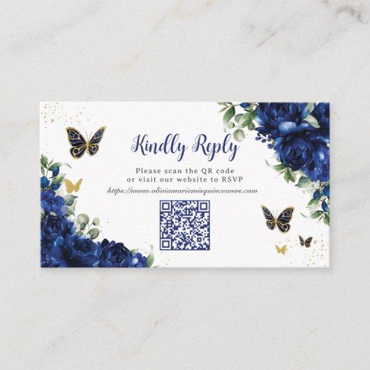 Royal Blue Floral Gold Quinceañera 16 QR Code UAWG Begleitkarte (Vorderseite)