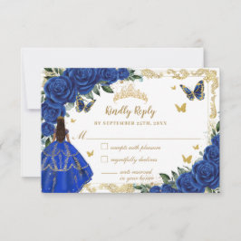 Royal Blue Floral Gold Quinceñera Brown Princess RSVP Karte