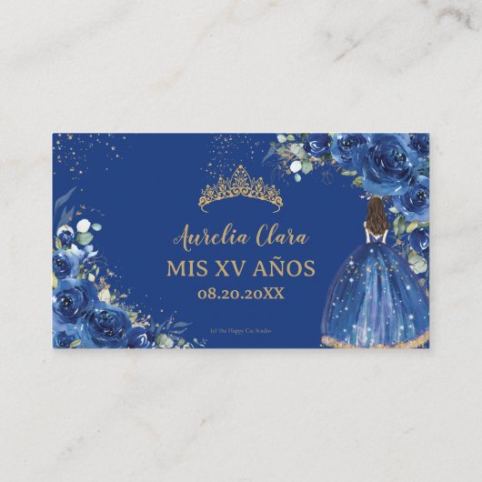 Royal Blue Floral Gold Quinceñera QR Code Begleitkarte (Rückseite)