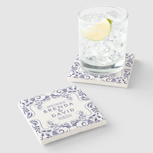 Royal Blue Floral Lace Frame Custom Background Steinuntersetzer (Seitenansicht)