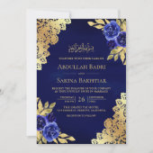 Royal Blue Floral Lace QR Code Muslime Hochzeit Einladung (Vorderseite)