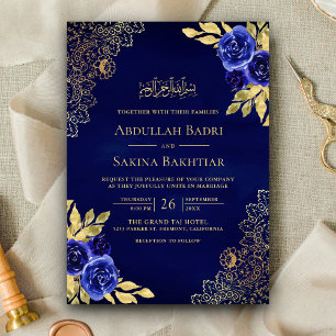 Royal Blue Floral Lace QR Code Muslime Hochzeit Einladung