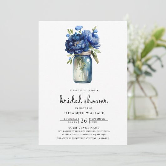 Royal Blue Floral Mason Jar Foto Brautparty Einladung (Stehend Vorderseite)