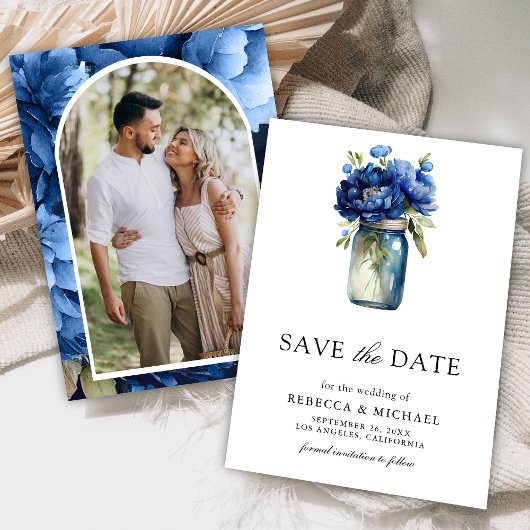 Royal Blue Floral Mason Jar Foto Wedding Save The Date