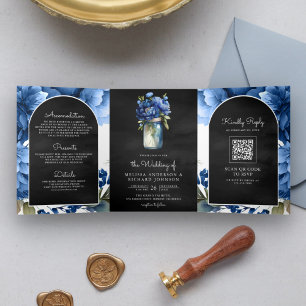 Royal Blue Floral Mason Jar QR Code Black Wedding Dreifach Gefaltete Einladung