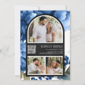 Royal Blue Floral Mason Jar QR Code Black Wedding Einladung (Rückseite)