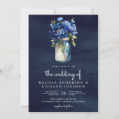 Royal Blue Floral Mason Jar QR Code Navy Hochzeit Einladung (Vorderseite)