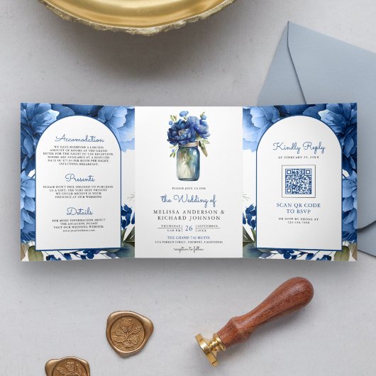 Royal Blue Floral Mason Jar QR Code Wedding Dreifach Gefaltete Einladung