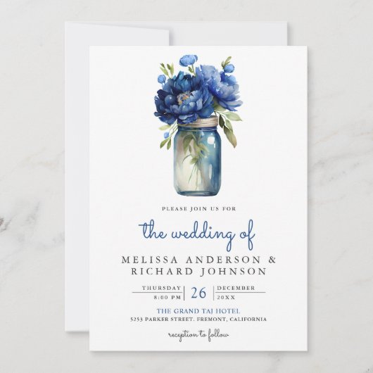 Royal Blue Floral Mason Jar QR Code Wedding Einladung (Vorderseite)