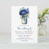 Royal Blue Floral Mason Jar QR Code Wedding Einladung (Stehend Vorderseite)