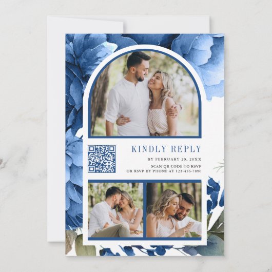 Royal Blue Floral Mason Jar QR Code Wedding Einladung (Rückseite)