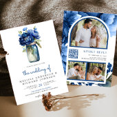 Royal Blue Floral Mason Jar QR Code Wedding Einladung