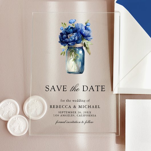 Royal Blue Floral Mason Jar Wedding Save the Date Acryleinladungen