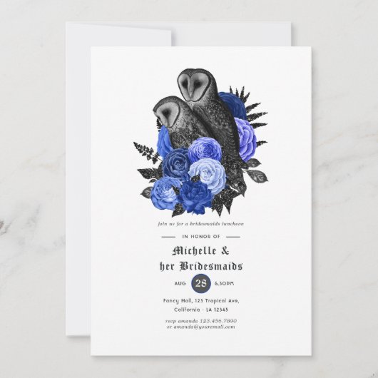 Royal Blue Floral Owls Gothic Bridesmaids Luncheon Einladung (Vorderseite)